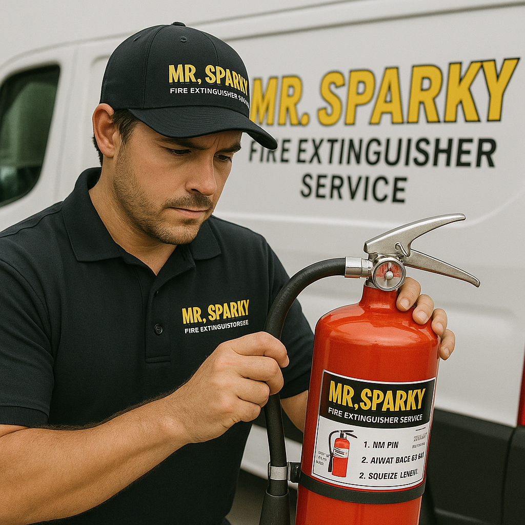 Mr. Sparky certified technician inspecting fire extinguisher